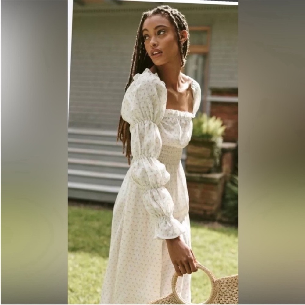 Sleeper White Floral Puff-Sleeve Midi Dress